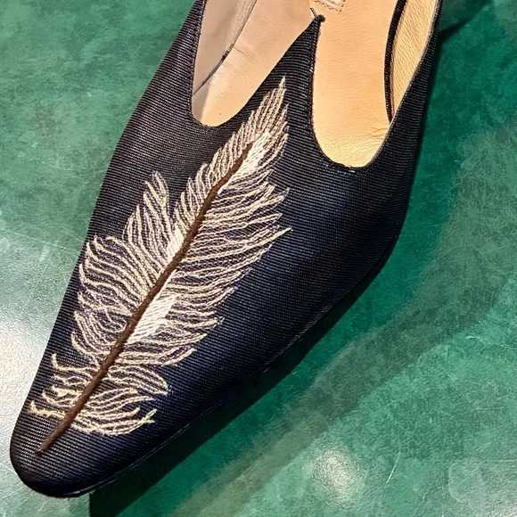 Manolo Blahnik Navy Feathered  Embroidered Women's Shoes - Picture 3 of 7